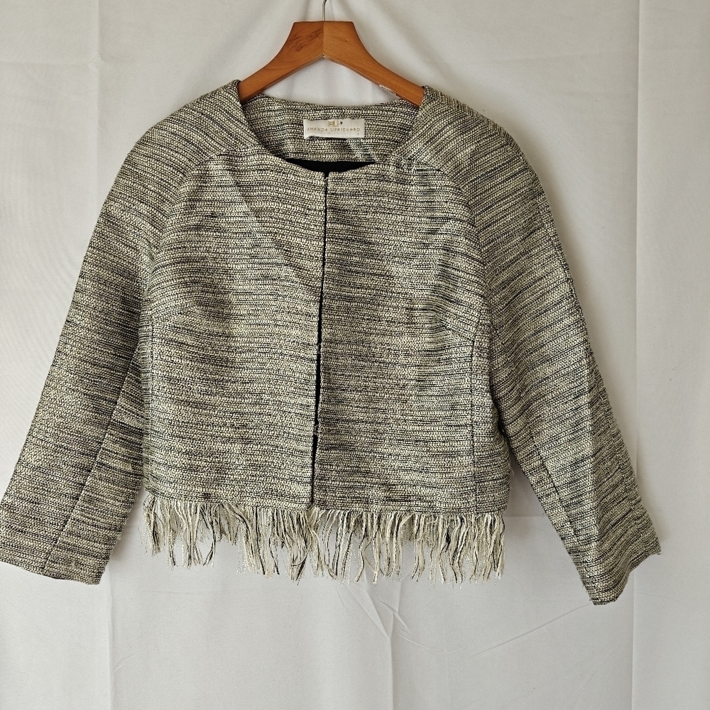 Amanda Uprichard Women's Small Blazer Grey Metallic Neutral Tweed Fringe Cropped